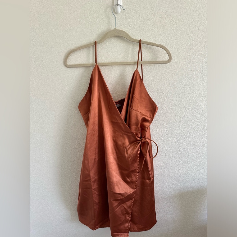 Satin Wrap Dress in Rust
